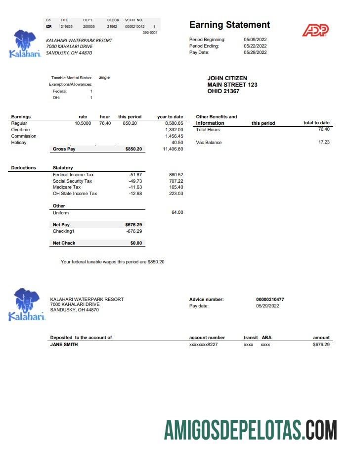 realista Modelo de conta de serviços públicos do USA Ohio Kalahari Waterpark Resort em formato Word e PDF